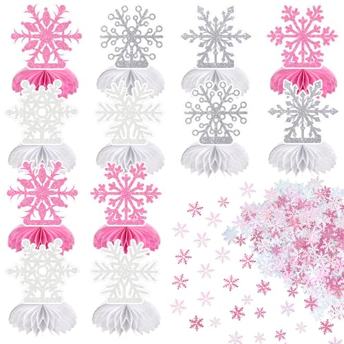 VABAMNA Frozen Winter Wonderland Party Decorations 12Pcs Pink White Silver Snowflake Honeycomb Table Centerpieces and 600pcs Snowflake Confetti for Xmas Holiday Winter Birthday Baby Shower Party Supplies - Image 1