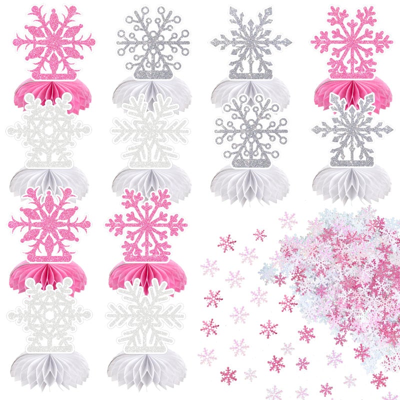 VABAMNA Frozen Winter Wonderland Party Decorations 12Pcs Pink White Silver Snowflake Honeycomb Table Centerpieces and 600pcs Snowflake Confetti for Xmas Holiday Winter Birthday Baby Shower Party Supplies - Image 3