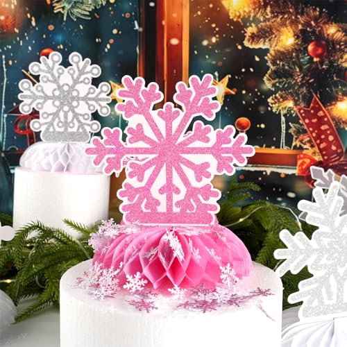 VABAMNA Frozen Winter Wonderland Party Decorations 12Pcs Pink White Silver Snowflake Honeycomb Table Centerpieces and 600pcs Snowflake Confetti for Xmas Holiday Winter Birthday Baby Shower Party Supplies - Image 5