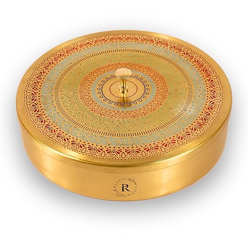 RUSTIC RELICS Pure Brass Spice Box | 8 INCH Round | BIDRI Work | Box Includes 7 Containers and 1 Spoon | Beautiful and Elegant Kitchen Spices & Masalas Organizer - Golden Finish - Image 1