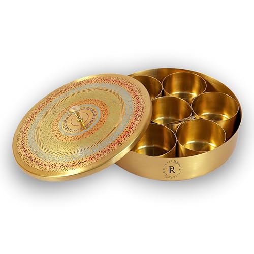 RUSTIC RELICS Pure Brass Spice Box | 8 INCH Round | BIDRI Work | Box Includes 7 Containers and 1 Spoon | Beautiful and Elegant Kitchen Spices & Masalas Organizer - Golden Finish - Image 2