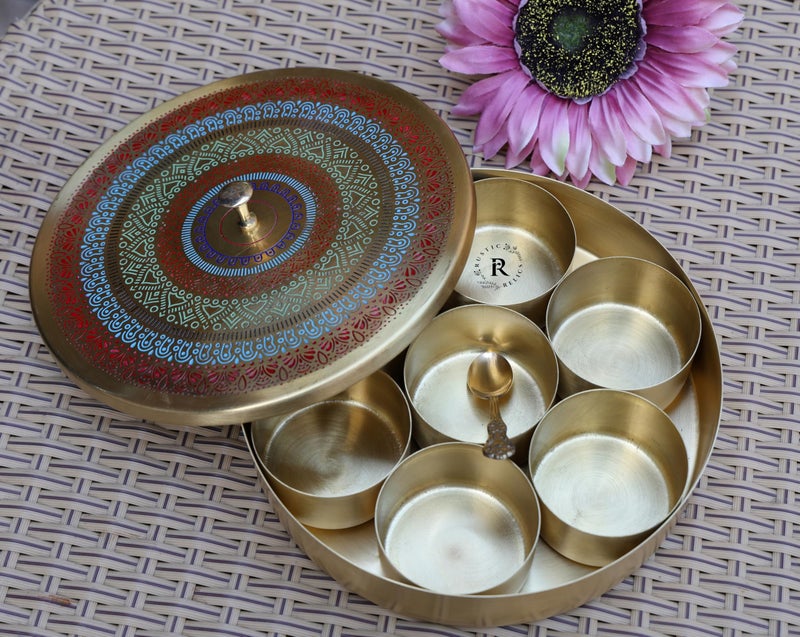 RUSTIC RELICS Pure Brass Spice Box | 8 INCH Round | BIDRI Work | Box Includes 7 Containers and 1 Spoon | Beautiful and Elegant Kitchen Spices & Masalas Organizer - Golden Finish - Image 4