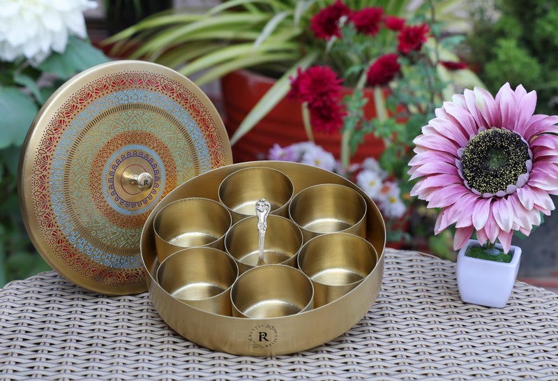 RUSTIC RELICS Pure Brass Spice Box | 8 INCH Round | BIDRI Work | Box Includes 7 Containers and 1 Spoon | Beautiful and Elegant Kitchen Spices & Masalas Organizer - Golden Finish - Image 3