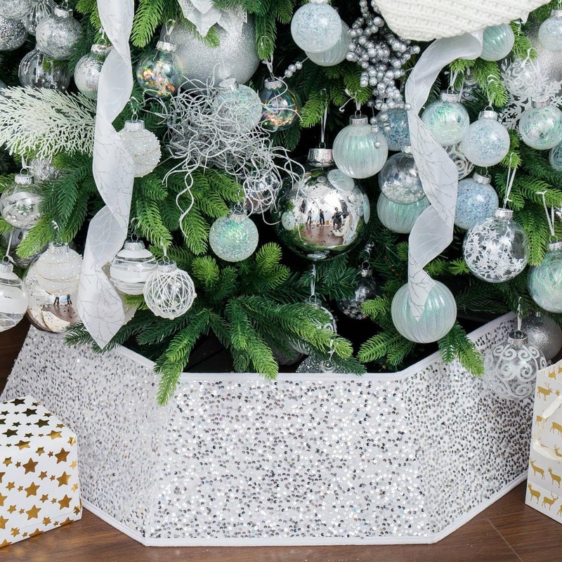 XmasExp Christmas Tree Collar 335 inch Sequin Tree Skirt Stand Base Cover for Home Decor Large Size 6 Piece White