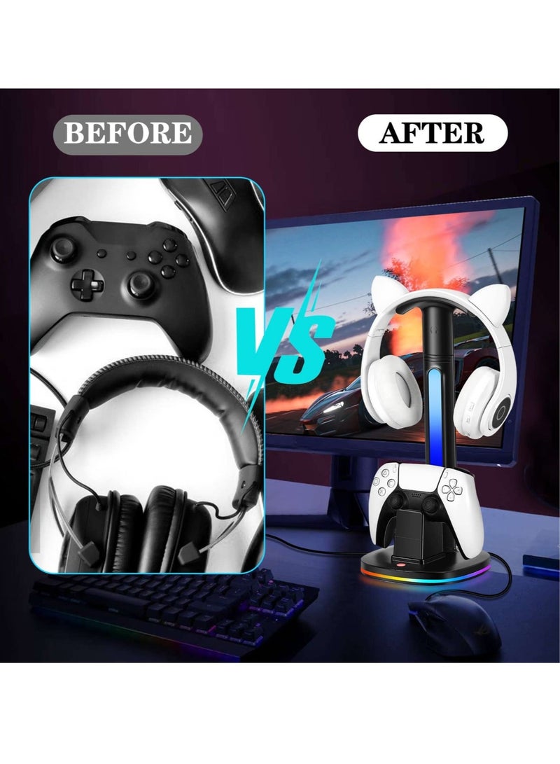 Captaintech PS5 Controller & Headset Charge Station, Desk Gaming Headset Holder with 2 USB Charging Ports, Suitable for Playstation 5 Controller Charging Dock (Black) - Image 5