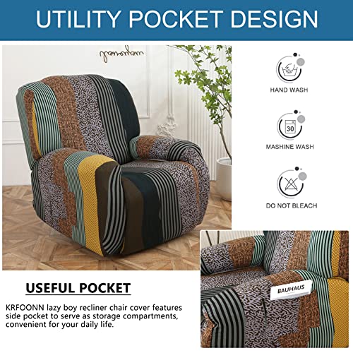 KRFOONN Recliner Slipcovers Printed Stretch Sofa Cover 4-Piece Lazy Boy Chair Covers Furniture Protector Leather Recliner Chair Cover with Side Pocket for Rocking Recliner, B20 - Image 5