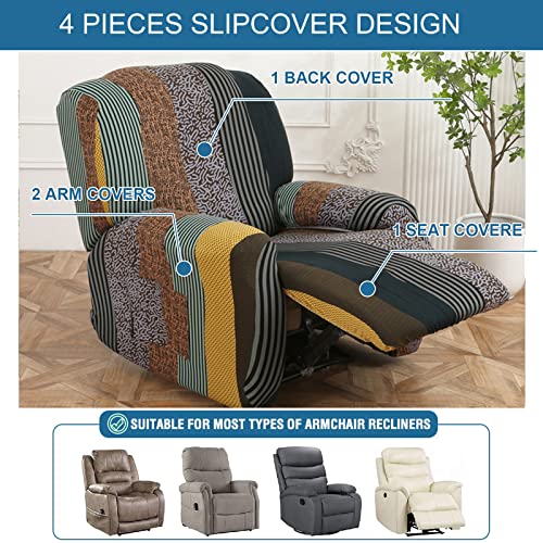 KRFOONN Recliner Slipcovers Printed Stretch Sofa Cover 4-Piece Lazy Boy Chair Covers Furniture Protector Leather Recliner Chair Cover with Side Pocket for Rocking Recliner, B20 - Image 3