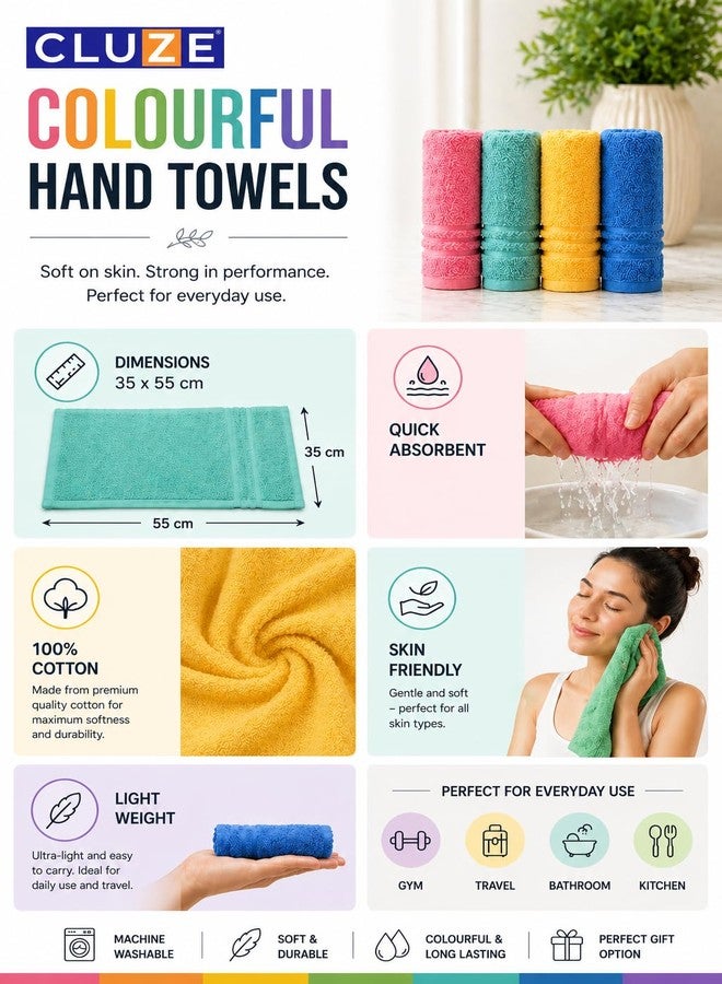 CLUZE 100% Cotton Hand Towels | Ultra Soft & Quick Dry Towels | Highly Absorbent, Lightweight & Skin Friendly | 450 GSM Towels for Gym, Travel, Bathroom & Kitchen (35 x 55 cm, Multicolor) (Pack of 4) - Image 5