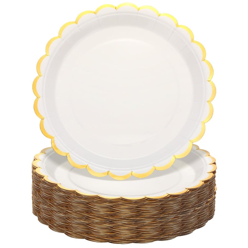 Maxcheck Maxcheck 50 Pcs White Scalloped Paper Plates with Gold Foil 9 Inches Disposable Paper Party Plates for Cake Dessert Birthday Baby Shower Wedding Tea Party Supplies  - Image 1