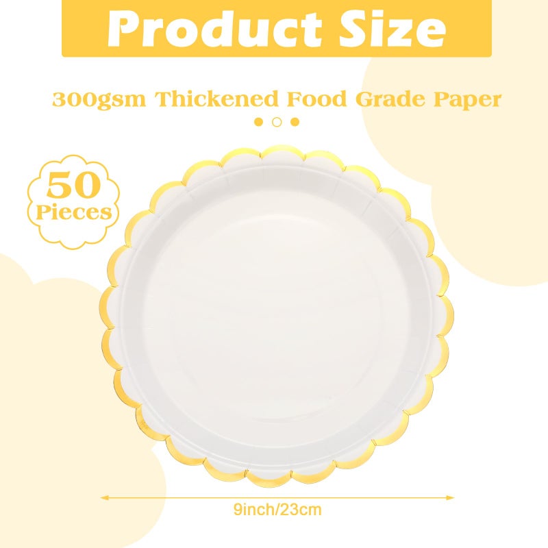 Maxcheck Maxcheck 50 Pcs White Scalloped Paper Plates with Gold Foil 9 Inches Disposable Paper Party Plates for Cake Dessert Birthday Baby Shower Wedding Tea Party Supplies  - Image 2