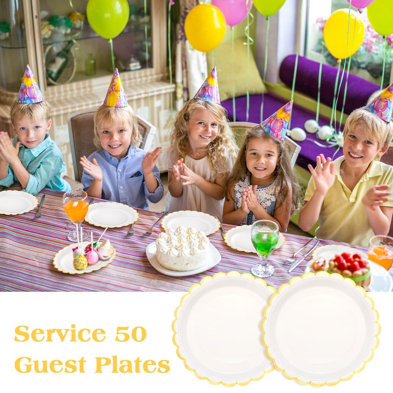 Maxcheck Maxcheck 50 Pcs White Scalloped Paper Plates with Gold Foil 9 Inches Disposable Paper Party Plates for Cake Dessert Birthday Baby Shower Wedding Tea Party Supplies  - Image 4