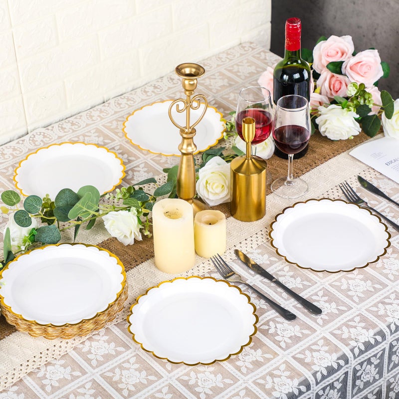 Maxcheck Maxcheck 50 Pcs White Scalloped Paper Plates with Gold Foil 9 Inches Disposable Paper Party Plates for Cake Dessert Birthday Baby Shower Wedding Tea Party Supplies  - Image 3