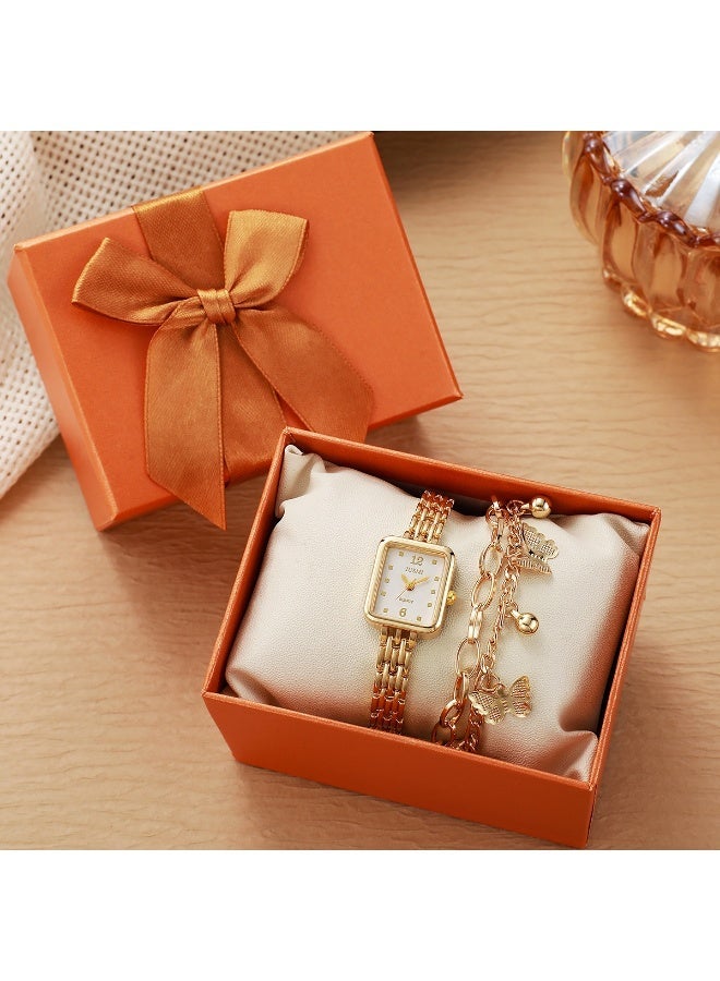 JUSMI Women Vintage Square Quartz Watch & Butterfly Charm Bracelet 2Pcs Jewelry Set, Gold Metal Band Ladies Wrist Watch Gift Box Set for Daily Wear & Party Present - Image 1