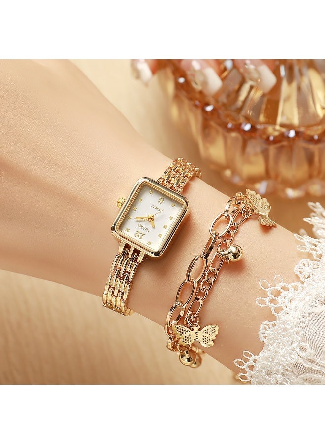 JUSMI Women Vintage Square Quartz Watch & Butterfly Charm Bracelet 2Pcs Jewelry Set, Gold Metal Band Ladies Wrist Watch Gift Box Set for Daily Wear & Party Present - Image 4
