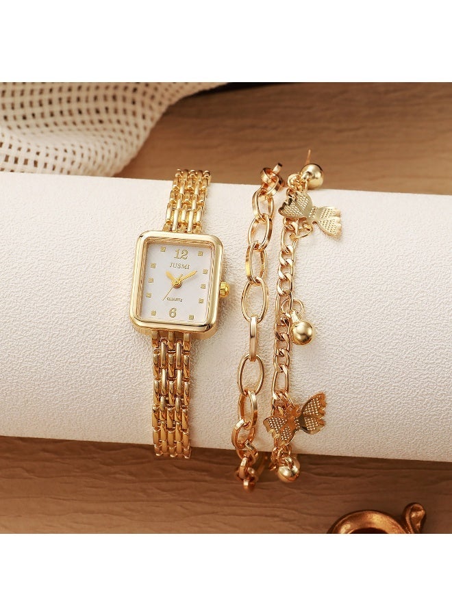 JUSMI Women Vintage Square Quartz Watch & Butterfly Charm Bracelet 2Pcs Jewelry Set, Gold Metal Band Ladies Wrist Watch Gift Box Set for Daily Wear & Party Present - Image 3