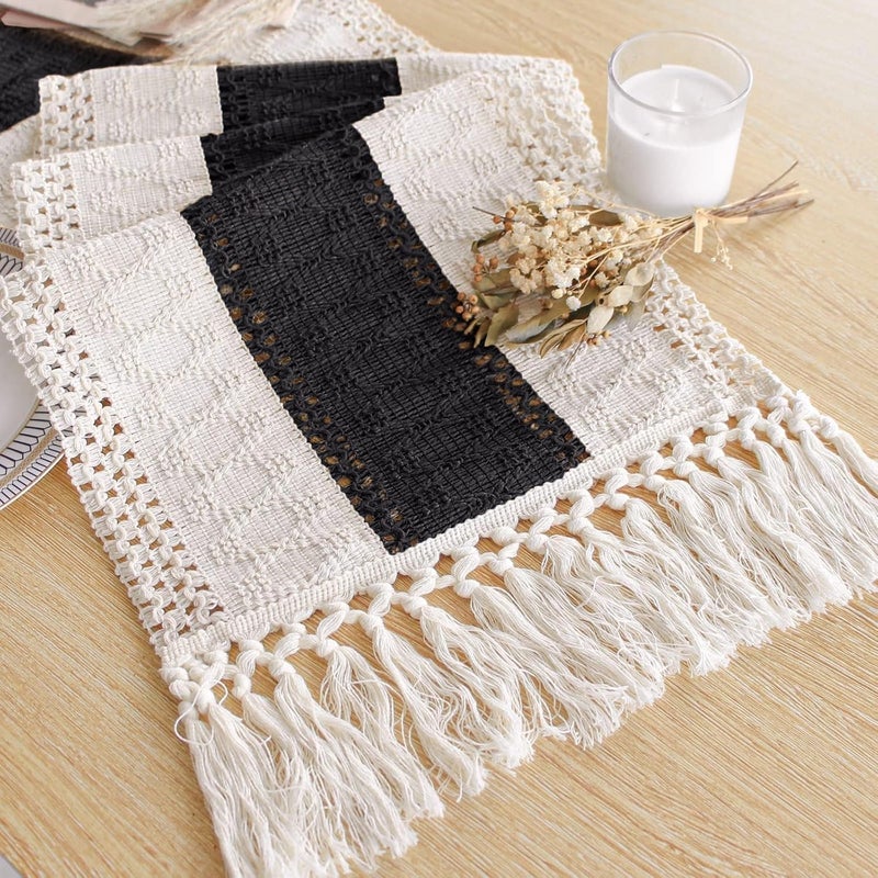 FEXIA Boho Table Runner for Christmas Home Decor with Tassels 72 Inches Long Farmhouse Rustic Black Halloween Table Runner Macrame Burlap Table Decoration for Living Room Bridal Shower(12x72 Inches) - Image 1
