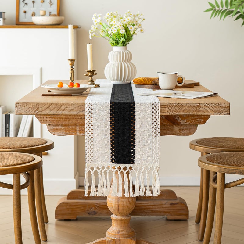 FEXIA Boho Table Runner for Christmas Home Decor with Tassels 72 Inches Long Farmhouse Rustic Black Halloween Table Runner Macrame Burlap Table Decoration for Living Room Bridal Shower(12x72 Inches) - Image 2