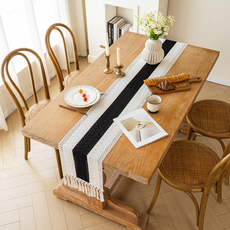 FEXIA Boho Table Runner for Christmas Home Decor with Tassels 72 Inches Long Farmhouse Rustic Black Halloween Table Runner Macrame Burlap Table Decoration for Living Room Bridal Shower(12x72 Inches) - Image 5