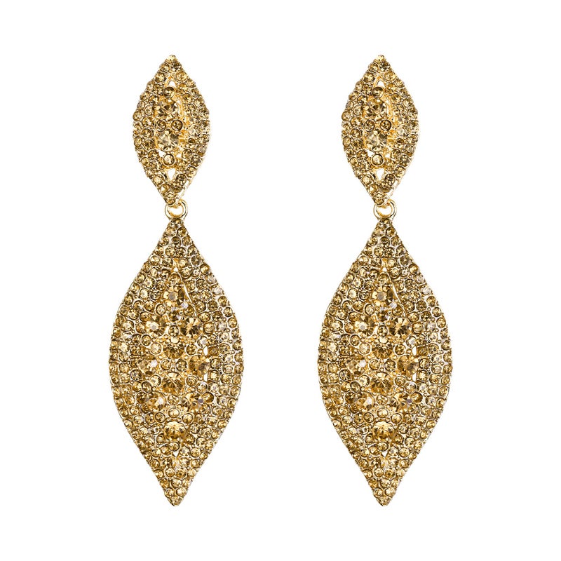 Flyonce Women's Rhinestone Crystal Wedding Bridal 2 Leaf Drop Dangle Chandelier Earrings Brown Gold-Tone - Image 1