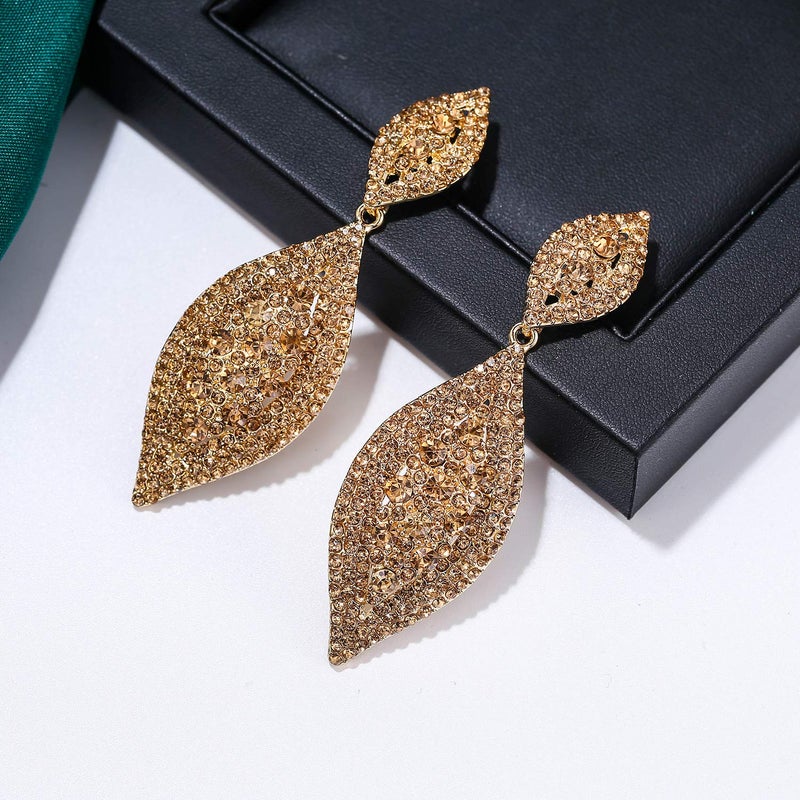 Flyonce Women's Rhinestone Crystal Wedding Bridal 2 Leaf Drop Dangle Chandelier Earrings Brown Gold-Tone - Image 5