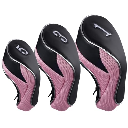 Andux Golf 460cc Driver Fairway Wood Head Covers with Zipper Closure Set of 3 (Black/Pink) - Image 1