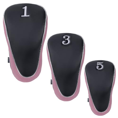 Andux Golf 460cc Driver Fairway Wood Head Covers with Zipper Closure Set of 3 (Black/Pink) - Image 2