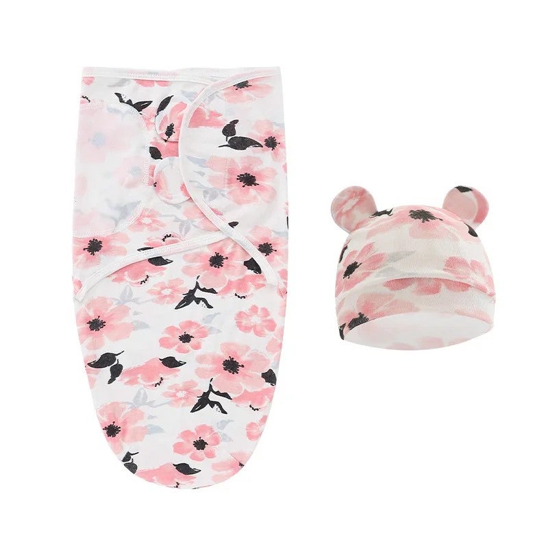 Bluejw 100% Cotton Newborn Swaddle Set with Adjustable Wrap Hat, Infant Swaddlers for 0-3 Months - Image 1