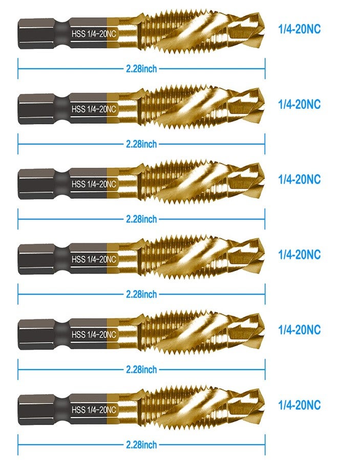 DKIBBITH 6-pc 1/4-20NC Combination Drill Tap Bit Set SAE, 1/4" UNC-20 Thread Size, Titanium Coated High-Speed Steel, Ideal for Drilling and Threading in Soft Metal Wood and Plastic, 1/4” Hex Shank - Image 2