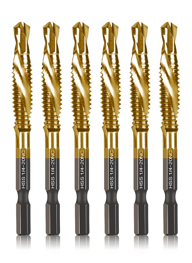 DKIBBITH 6-pc 1/4-20NC Combination Drill Tap Bit Set SAE, 1/4" UNC-20 Thread Size, Titanium Coated High-Speed Steel, Ideal for Drilling and Threading in Soft Metal Wood and Plastic, 1/4” Hex Shank - Image 1