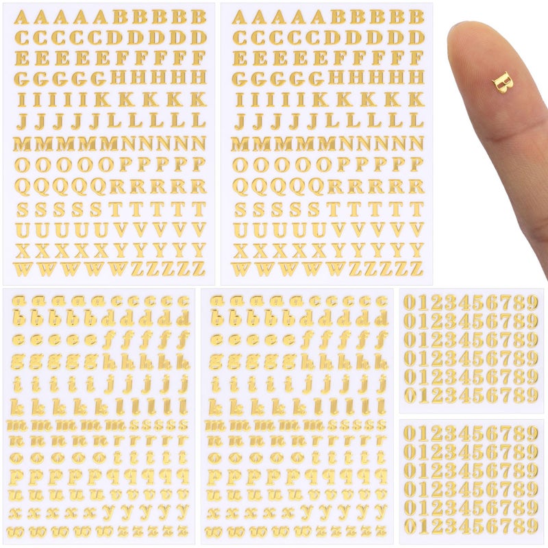 OIIKI 640pcs Small Metal Letter Number Stickers, 3D Self-Adhesive Mini Letter Stickers, Glitter Alphabet Number Decals Decoration Supplies for Scrapbook Nail Keyboard DIY Crafts- Gold - Image 1