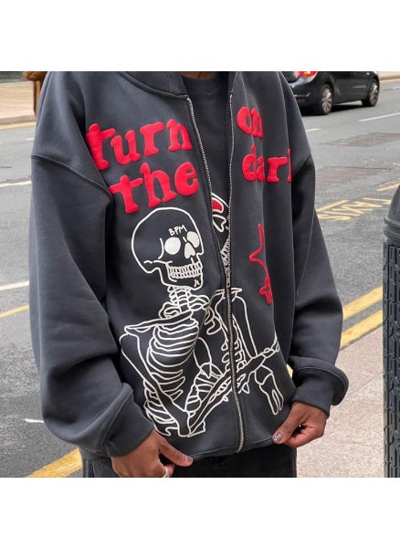 Generic - New Hiphop Green Zip Hoodie Men Urban Harajuku Anime Print Long Sleeve Black 2 fleece - Image 1