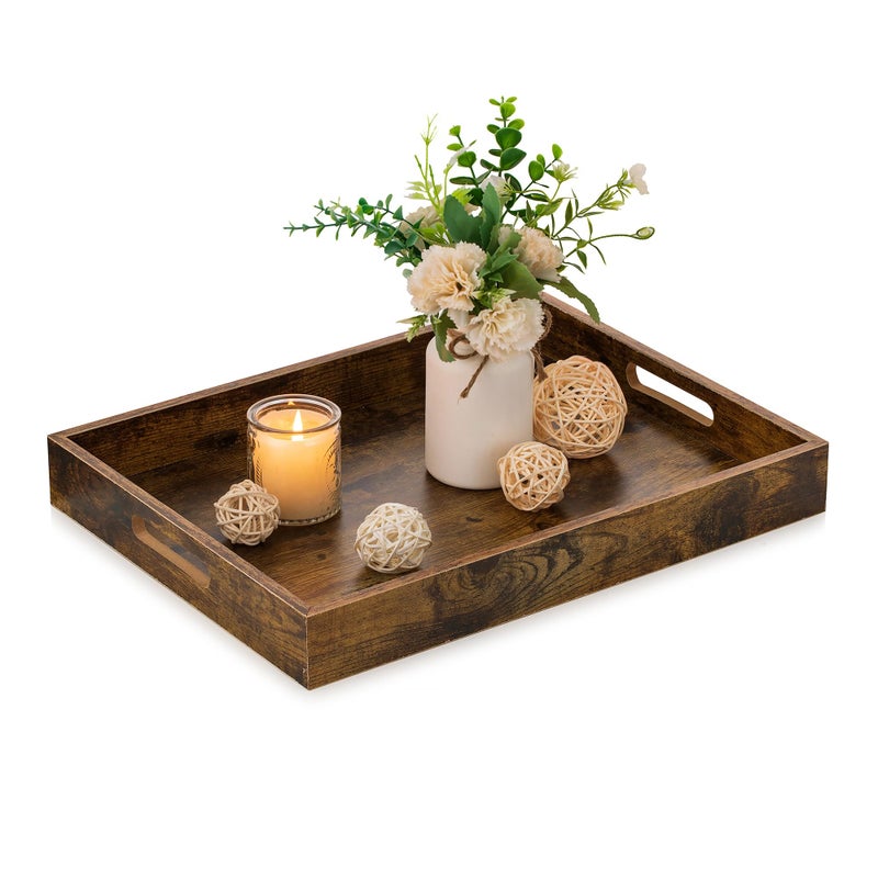 Hanobe Brown Decorative Serving Trays: Rustic Brown Rectangle Tray Decor with Cutout Handles for Coffee Table Ottoman Living Room Kitchen Home Decor - Image 1