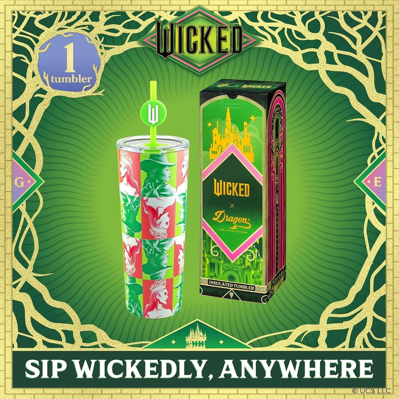 Dragon Glassware منتجات x Wicked: كوب عازل حراري سعة 30 أونصة، مصنوع من الفولاذ المقاوم للصدأ، مزود بغطاء وقشتين، مناسب للماء أو الشاي المثلج. - Image 2