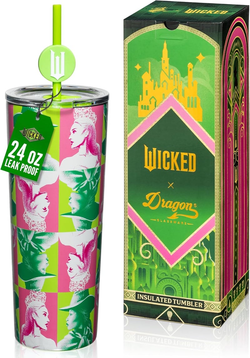 Dragon Glassware منتجات x Wicked: كوب عازل حراري سعة 30 أونصة، مصنوع من الفولاذ المقاوم للصدأ، مزود بغطاء وقشتين، مناسب للماء أو الشاي المثلج. - Image 1