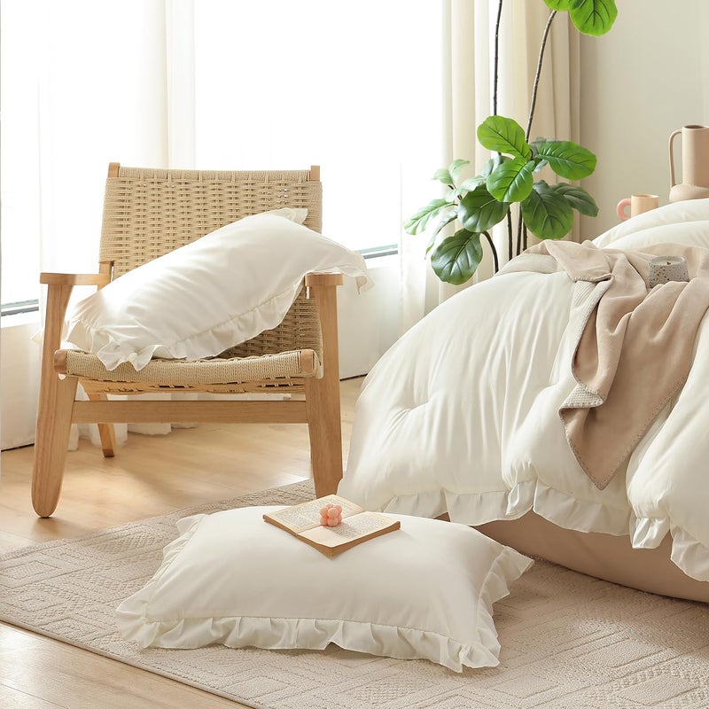 JANZAA Twin Comforter Set Creamy White Ruffle Comforter with 1 Pillowcase Soft Twin Size Bed Set Vintage Farmhouse Bed Comforter Set Fluffy Shabby Chic Bedding for All Season - Image 4
