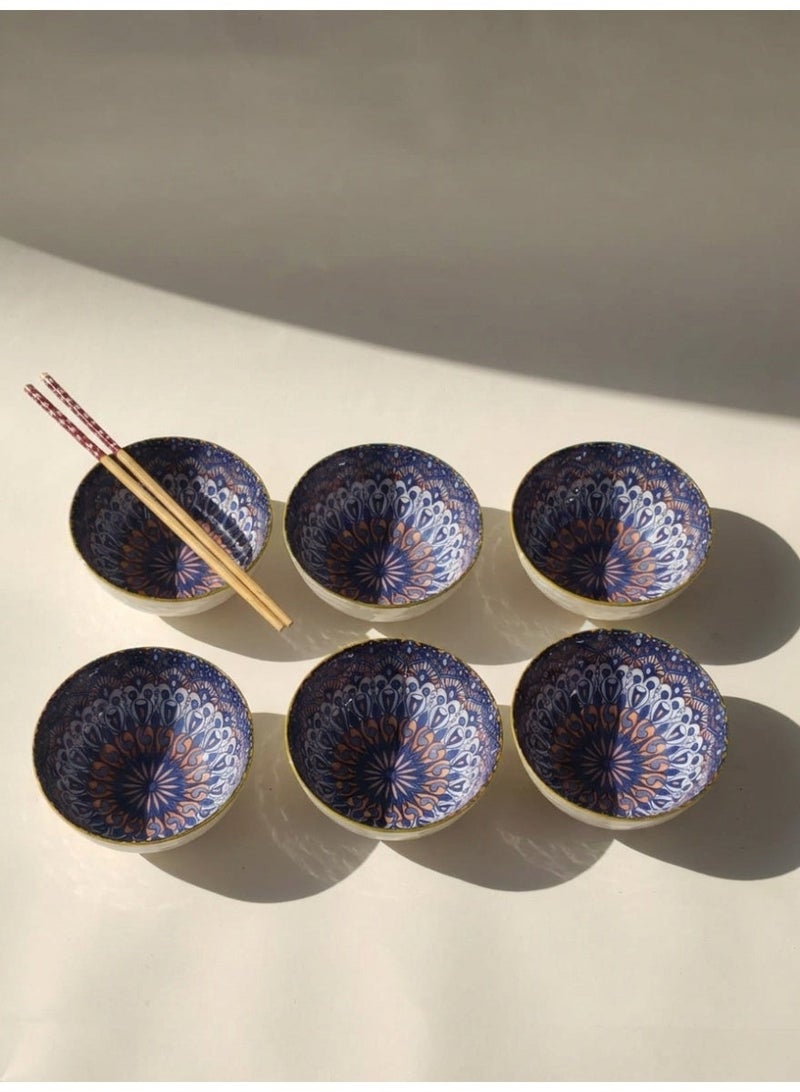 CASA HOME 6-Piece Porcelain Rice & Soup Bowl Set Bohemian Pattern Gold-Rim Accent Egypt - Image 1