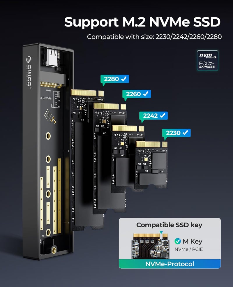 ORICO M.2 NVMe SSD Enclosure, USB 3.1 Gen 2 (10 Gbps) to NVMe PCI-E M.2 SSD Case Support UASP for NVMe SSD Size 2230/2242/2260/2280(up to 4TB) (M.2 NVMe) - Image 3