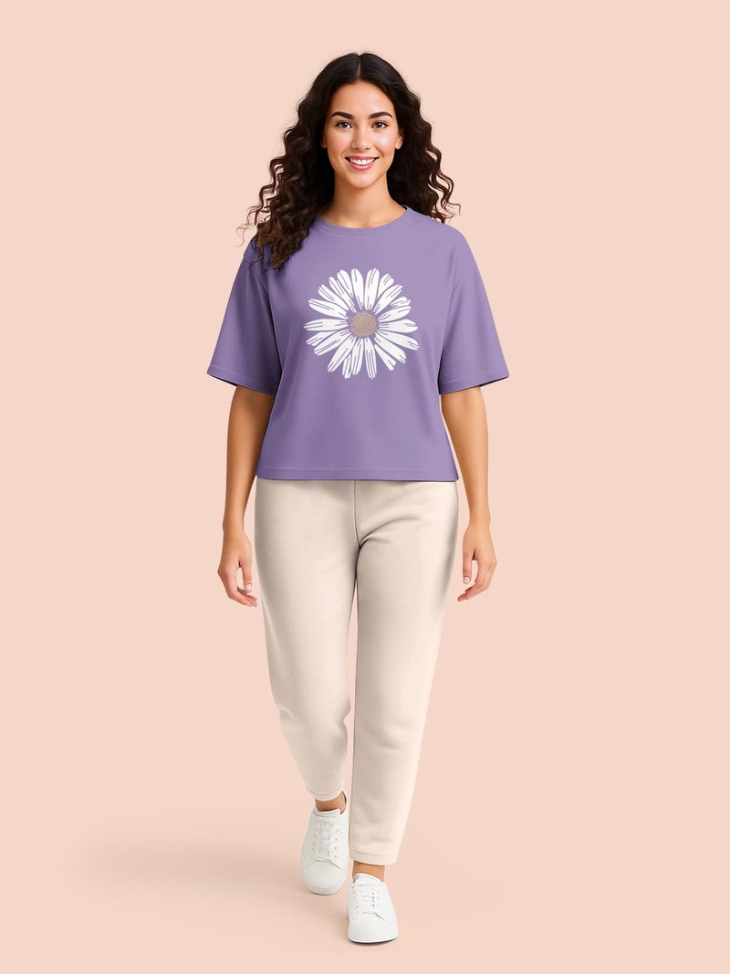 HELLCAT Trendy Printed Oversized Fit Crew-Neck Crop Tshirt for Women_Purple_X-Large - Image 5