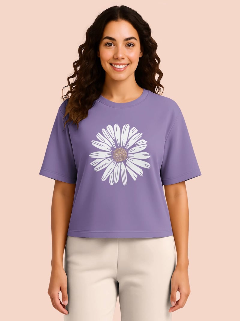 HELLCAT Trendy Printed Oversized Fit Crew-Neck Crop Tshirt for Women_Purple_X-Large - Image 2