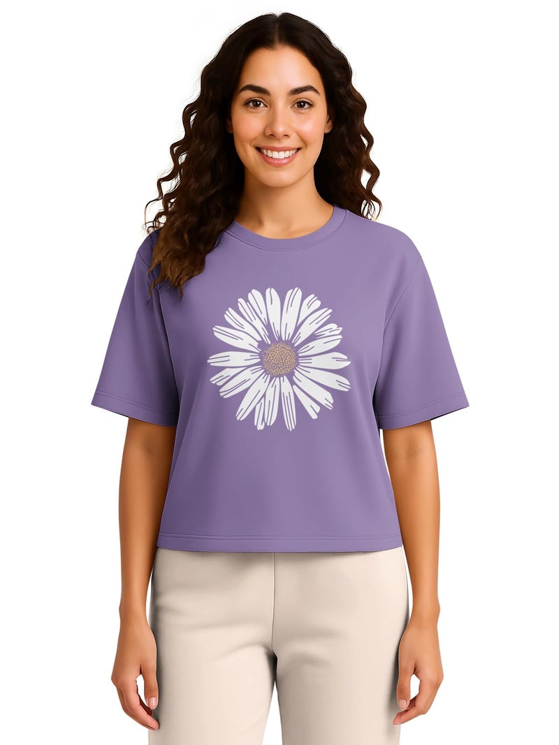 HELLCAT Trendy Printed Oversized Fit Crew-Neck Crop Tshirt for Women_Purple_X-Large - Image 1