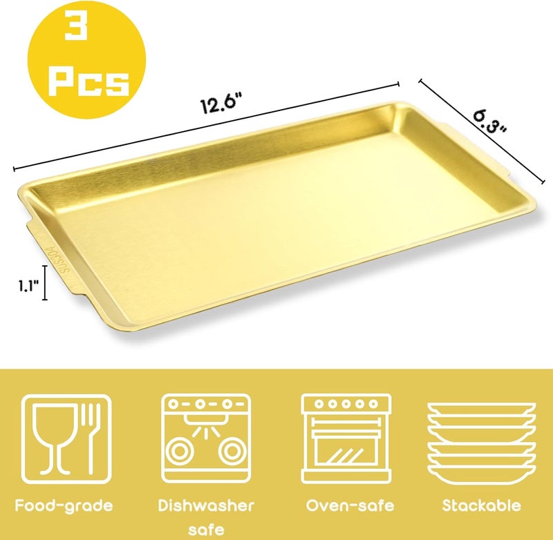 ZENFUN 3 Pack 304 Stainless Steel Serving Platters 126 Rectangle Metal Dinner Plates with Handles Decorative Organizer Trays for BBQ Dining Party Buffet Appetizer ServingGold - Image 2