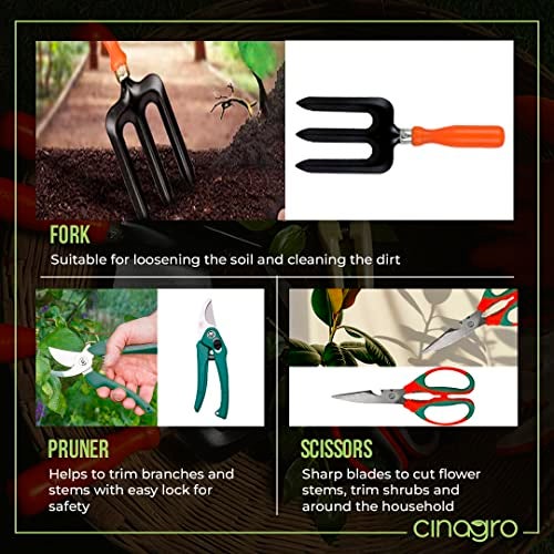 Cinagro Garden Tools Kit (Set of 7) Weeder, 2 Trowels, Hand Fork, Cultivator, Scissors, Pruner | Gardening Tools Kit for Home Garden, Indoor and Outdoor Gardening - Image 4