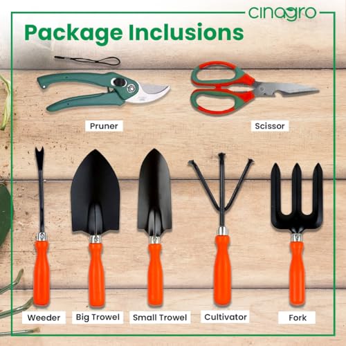 Cinagro Garden Tools Kit (Set of 7) Weeder, 2 Trowels, Hand Fork, Cultivator, Scissors, Pruner | Gardening Tools Kit for Home Garden, Indoor and Outdoor Gardening - Image 2