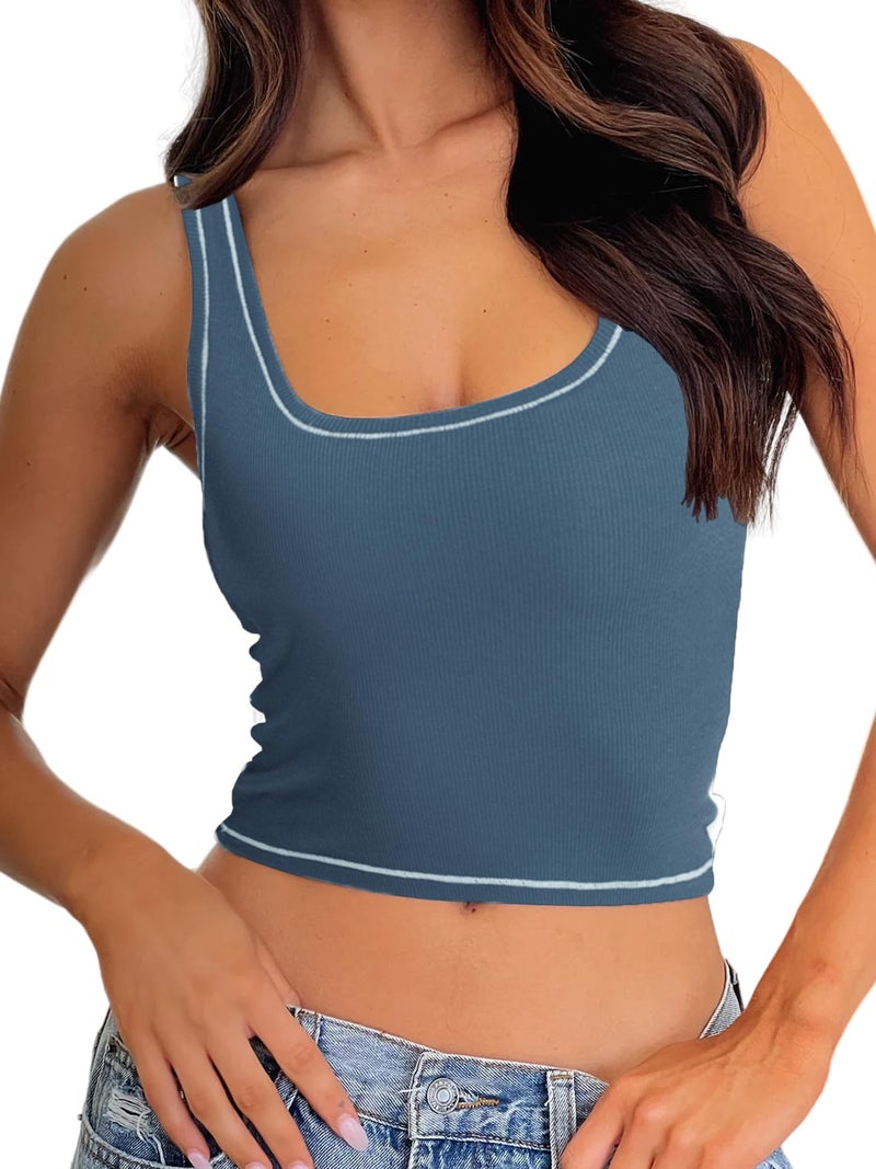 Danysu Women Cotton Rib Tank Top with Built in Bra Square Neck Crop Tank Fitted Basic Tops Set Sail S - Image 1