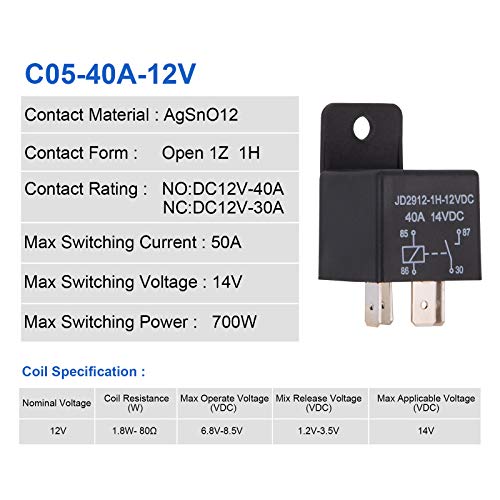 EHDIS Car Relay 4 Pin 12v 40amp Spst Model No.: JD2912-1H-12VDC 40A 14VDC, Auto Switches & Starters,Pack of 2 - Image 3