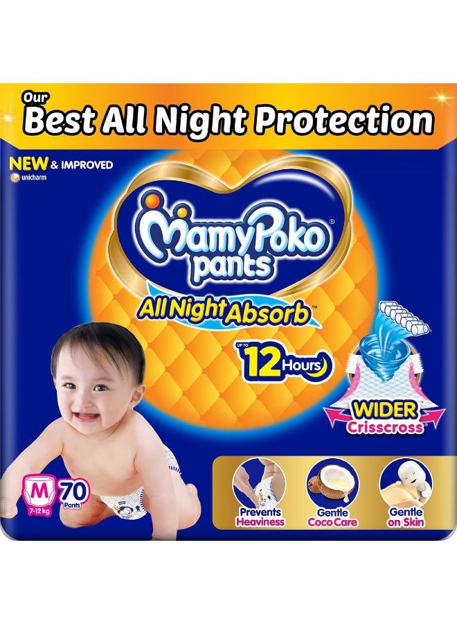 Mamypoko pants All night absorb| Pant Style Baby Diapers Medium Size(M), 70 Count, Ideal for 7-12Kgs|1 Diaper Upto All night Absorption|Wider Crisscross Sheet|Gentle Coco Care| 12hr Leakage Protection