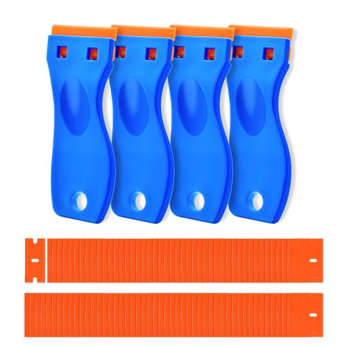 CADONO 4 Pcs Plastic Razor Blade Scraper and 120 Pcs Blades, Remove Label Decal Tool,Forwithout Scratches Plastic Razor Blade Scraper, Adhesive Remover for Kitchen Appliances,Stickers and Paints on Window - Image 1