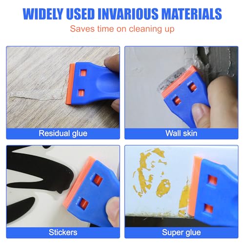 CADONO 4 Pcs Plastic Razor Blade Scraper and 120 Pcs Blades, Remove Label Decal Tool,Forwithout Scratches Plastic Razor Blade Scraper, Adhesive Remover for Kitchen Appliances,Stickers and Paints on Window - Image 4