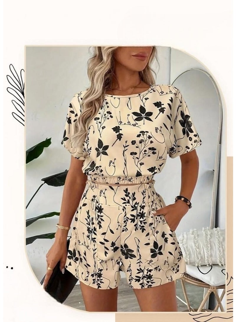 Women's Floral Print Summer Two-Piece Set - Beige/Black - Image 2