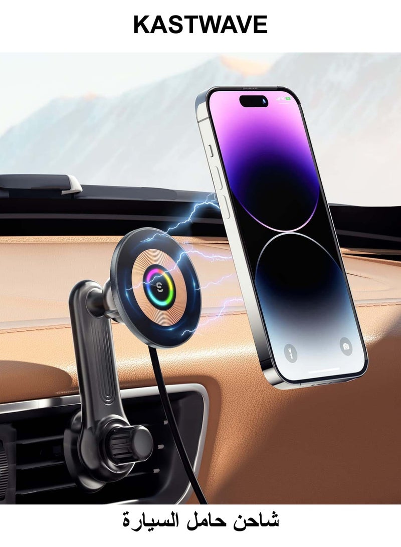 KASTWAVE Car Mount Charger for MagSafe, 360 Adjustable Magnetic Wireless Car Charger with RGB Light, Air Vent Magnetic Phone Holder Charger for iPhone 14 13 12 Series (with Car Adapter) - Image 1